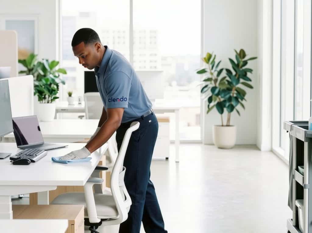 A Clendo employee in a polo shirt with Clendo logo on it is cleaning an office desk.